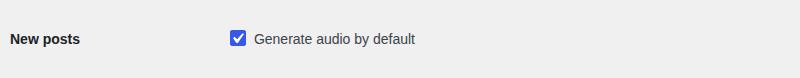 The New posts row in the Readerr settings with the box Generate audio by default ticked