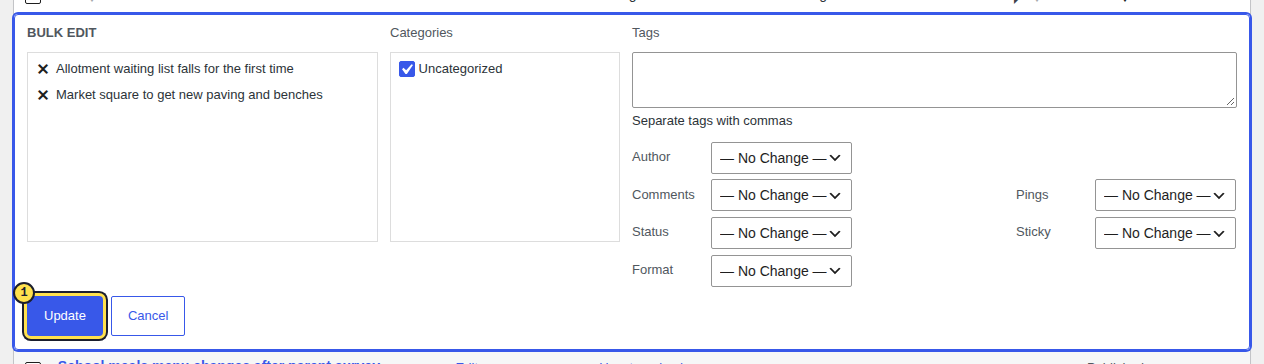 The WordPress Bulk Edit panel listing two selected posts, with every field set to No Change and the blue Update button highlighted
