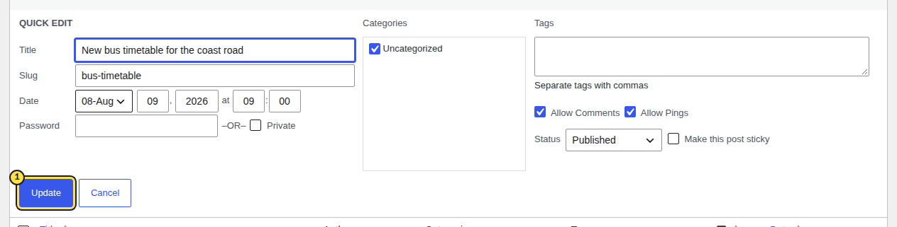 The WordPress Quick Edit panel for a post with its title, slug, date and status fields and the blue Update button highlighted