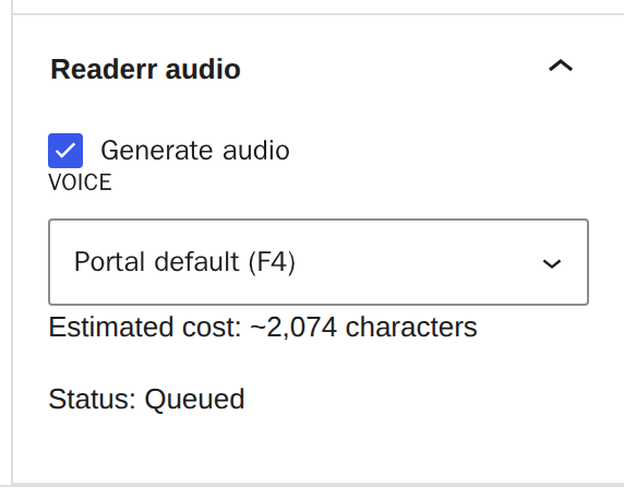 The Readerr audio panel with the status Queued.