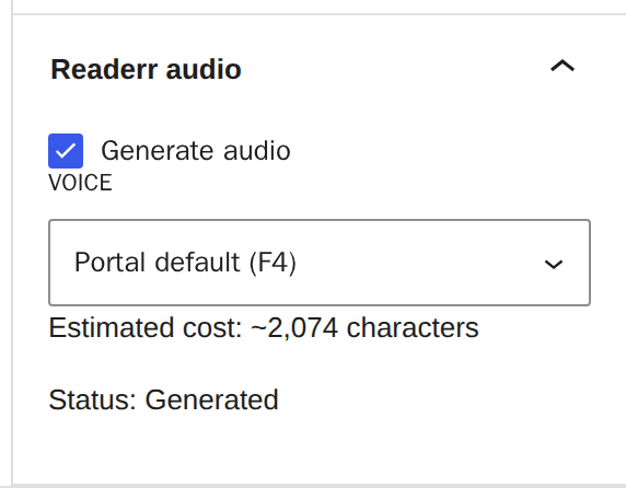 The Readerr audio panel in the WordPress block editor with Generate audio ticked, the voice Portal default (F4), an estimated cost of 2,074 characters and the status Generated.