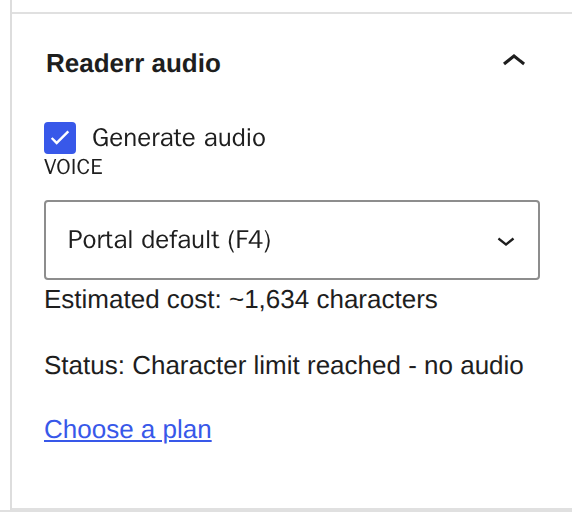 The Readerr audio panel with the status Character limit reached - no audio and a Choose a plan link under it.