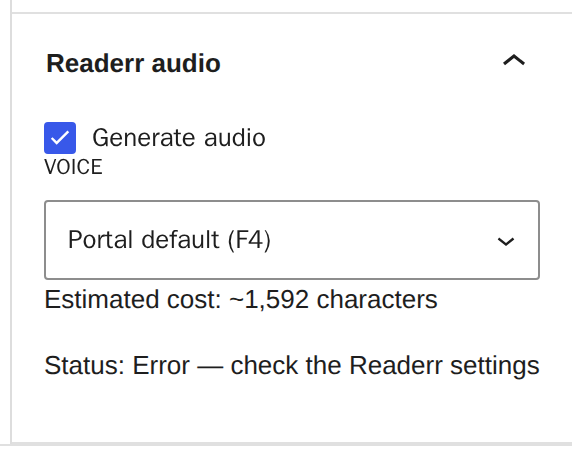 The Readerr audio panel with the status Error followed by a request to check the Readerr settings.