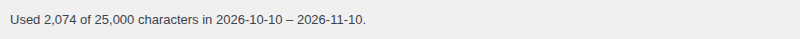 A line at the top of the Readerr settings reading Used 2,074 of 25,000 characters in a period between two dates.