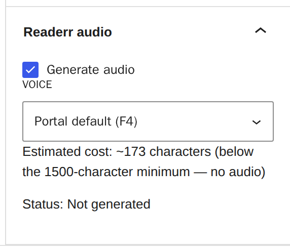 The Readerr audio panel showing an estimated cost of about 173 characters, with a note that this is below the 1500-character minimum, and the status Not generated.