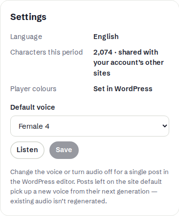 The Settings box of a site in the customer panel: language English, characters this period, player colours set in WordPress, and a Default voice list showing Female 4 with Listen and Save buttons.