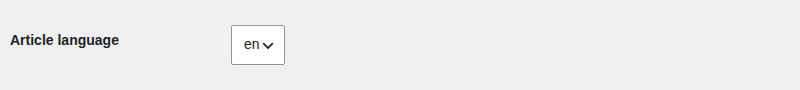 The Article language row of the Readerr settings in WordPress, with a drop-down list showing en.