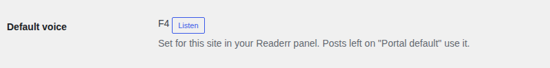 The Default voice row of the Readerr settings: the voice F4, a Listen button, and a note that the voice is set for this site in your Readerr panel.