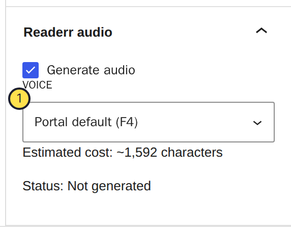 The Readerr audio panel in the WordPress block editor: Generate audio ticked, a Voice list showing Portal default (F4), an estimated cost and the status Not generated.