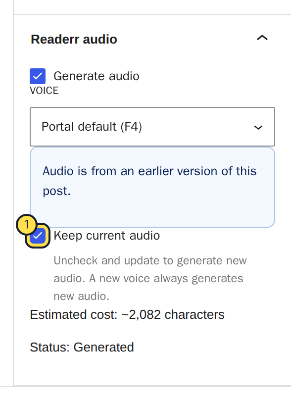 The Readerr audio panel in the WordPress editor with Generate audio ticked, the voice Portal default (F4), a blue note that the audio is from an earlier version of this post, and Keep current audio ticked and highlighted