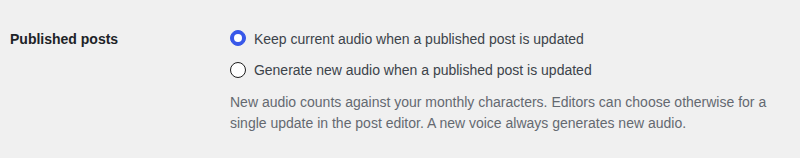 The Published posts row in the Readerr settings with two options: Keep current audio when a published post is updated, selected, and Generate new audio when a published post is updated