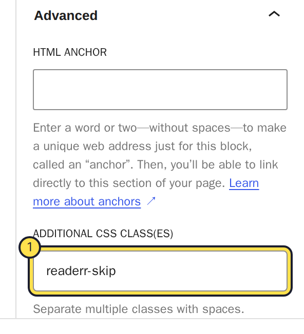 The Advanced section of the block settings sidebar. The Additional CSS class(es) field is highlighted and contains readerr-skip. Above it is the empty HTML anchor field.