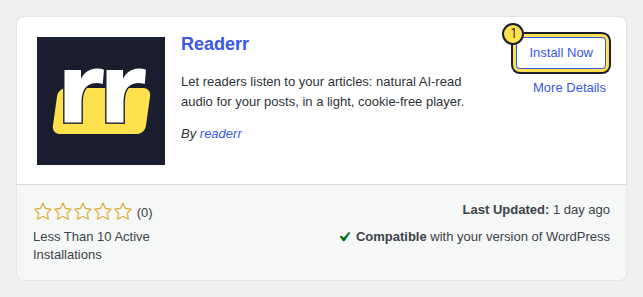 The Readerr plugin card in the WordPress Add Plugins screen, with the Install Now button highlighted, a More Details link and the line Compatible with your version of WordPress.