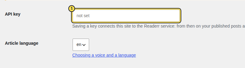 Part of the Readerr settings screen: an empty API key field with the placeholder not set, and the Article language list showing en.