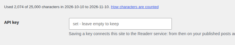 The top of the Readerr settings after saving: a line saying Used 2,074 of 25,000 characters with the period dates, and the API key field with a placeholder saying a key is set.