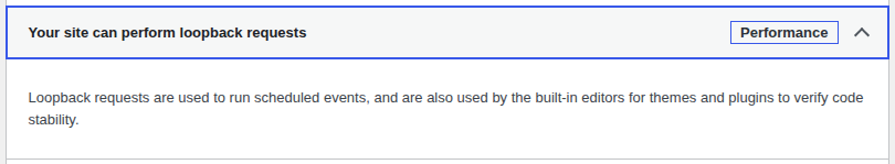 A passed Site Health test named Your site can perform loopback requests, with the Performance label and a short description