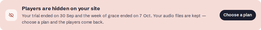 A red banner in the customer panel: Players are hidden on your site, the trial ended and the week of grace ended, your audio files are kept, with a Choose a plan button