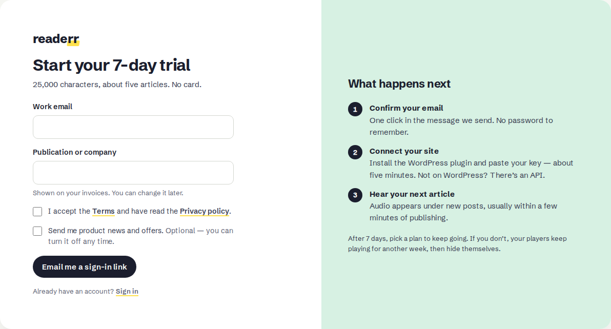 The sign-up page with the heading Start your 7-day trial, two empty fields for work email and publication or company, two tick boxes and the Email me a sign-in link button. A panel on the right lists what happens next.