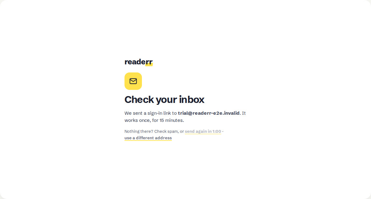 The Check your inbox page, telling you a sign-in link was sent to an example address, with a countdown to send again and a link to use a different address.