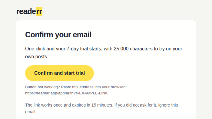 The top of the sign-in email: the heading Confirm your email, a sentence about the 7-day trial and 25,000 characters, and a yellow Confirm and start trial button.