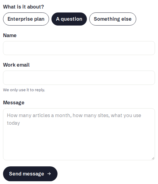The contact form with the topic A question selected, and empty fields Name, Work email and Message above the Send message button